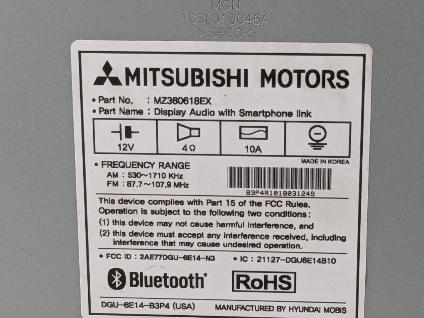 2018 Mitsubishi Outlander Sport Radio AM FM Cd Player Receiver Replacement P/N:MZ360618EX 2AE77DGU-6E14-N3, 21127-DGU6E14B10