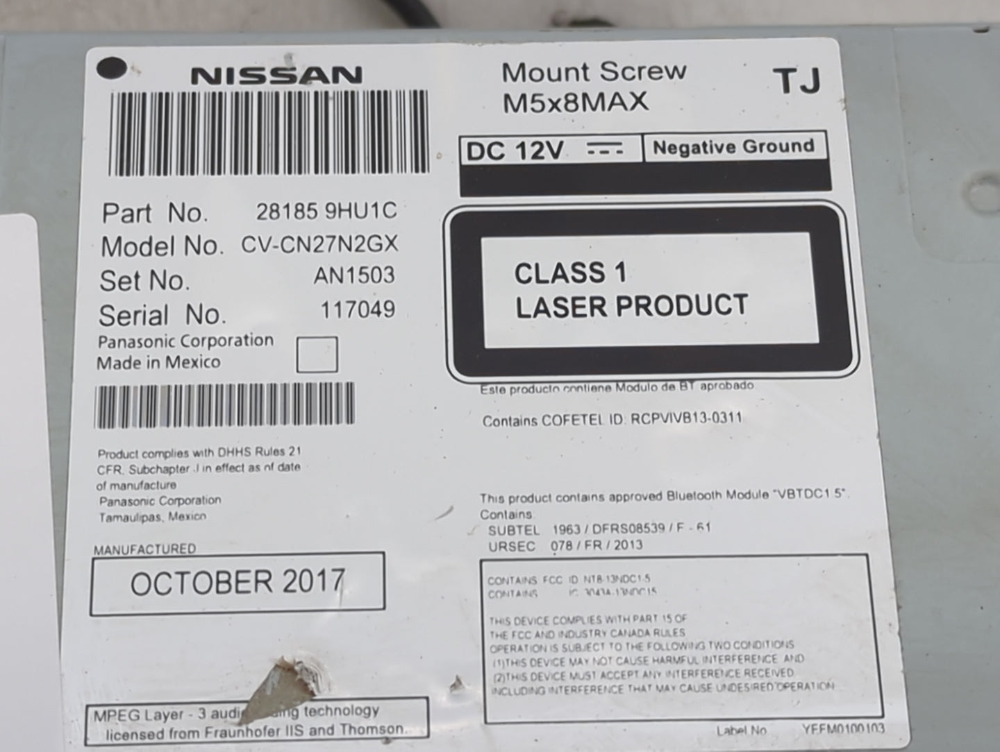 2018 Nissan Altima Radio AM FM Cd Player Receiver Replacement P/N:281859HU1C CV-CN27N2GX Fits OEM Used Auto Parts - Oemuseda