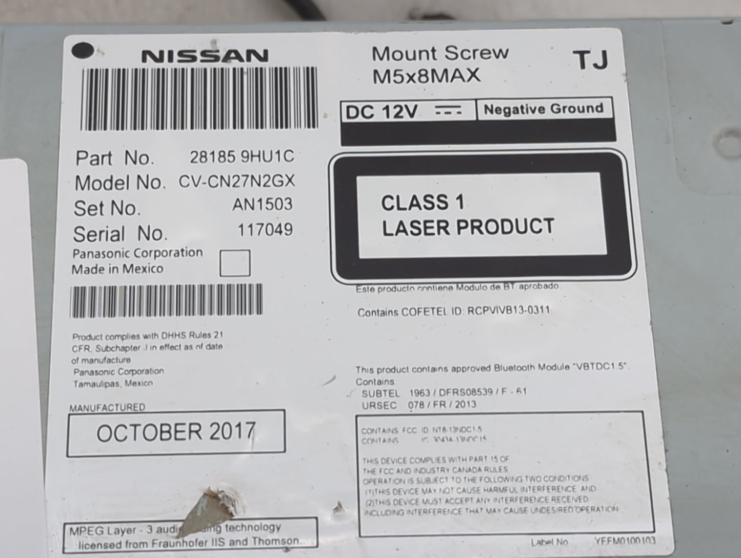 2018 Nissan Altima Radio AM FM Cd Player Receiver Replacement P/N:281859HU1C CV-CN27N2GX Fits OEM Used Auto Parts - Oemuseda