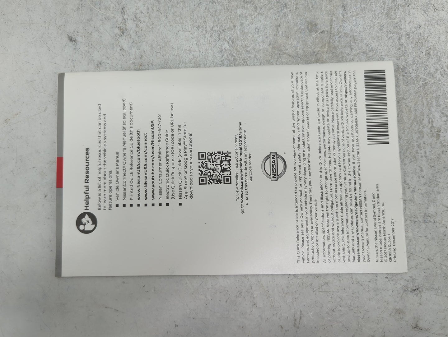 2018 Nissan Altima Owners Manual Book Guide P/N:OM18EA 0L33U1 OEM Used Auto Parts - Oemusedautoparts1.com