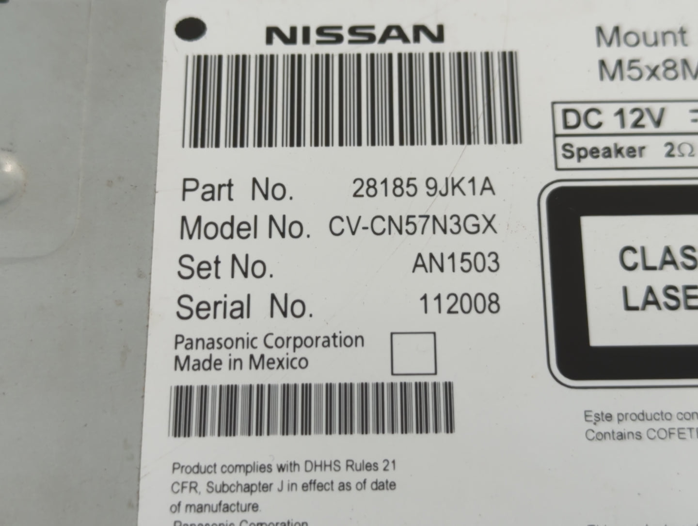 2018 Nissan Nv1500 Radio AM FM Cd Player Receiver Replacement P/N:28185 9JK1A Fits OEM Used Auto Parts - Oemusedautoparts1.c