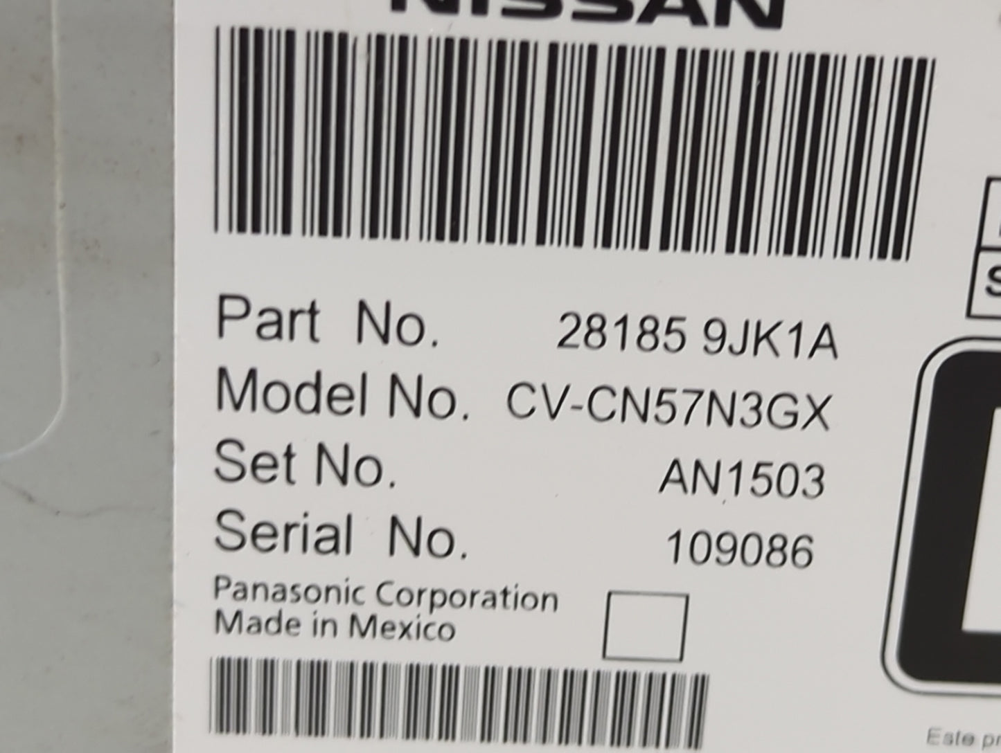 2018 Nissan Nv2500 Radio AM FM Cd Player Receiver Replacement P/N:28185 9JK1A CV-CN57N3GX Fits OEM Used Auto Parts - Oemused