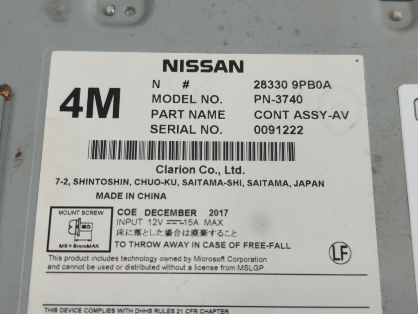 2017-2020 Nissan Pathfinder Radio AM FM Cd Player Receiver Replacement P/N:28330 9PB0A Fits Fits 2017 2018 2019 2020 OEM Use