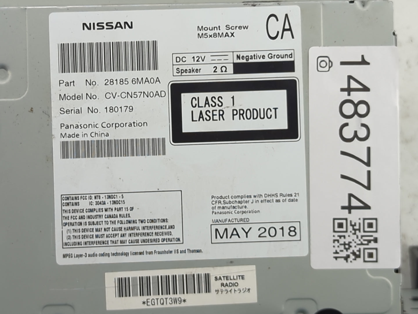 2017-2018 Nissan Rogue Sport Radio AM FM Cd Player Receiver Replacement P/N:281856MA0A CV-CN57N0AD Fits Fits 2017 2018 OEM U