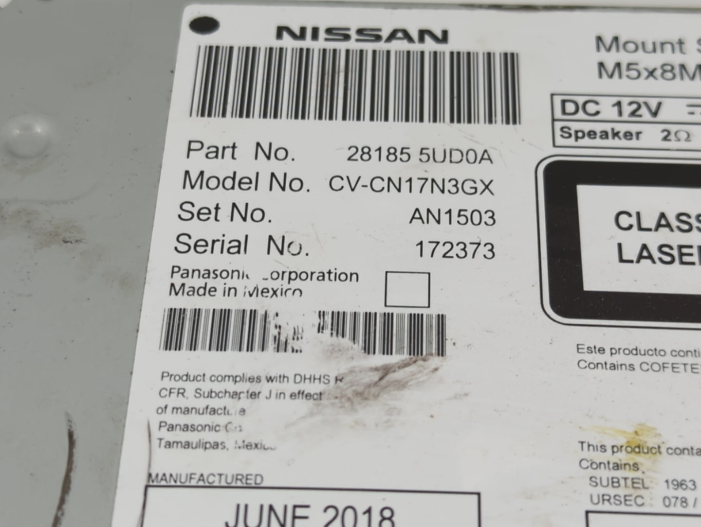 2017-2019 Nissan Sentra Radio AM FM Cd Player Receiver Replacement P/N:28185 5UD0A Fits Fits 2017 2018 2019 OEM Used Auto Pa