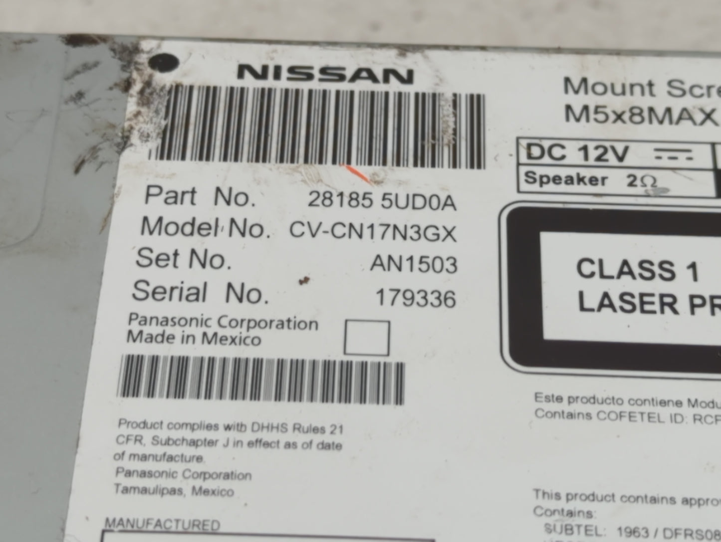 2017-2019 Nissan Sentra Radio AM FM Cd Player Receiver Replacement P/N:28185 5UD0A Fits Fits 2017 2018 2019 OEM Used Auto Pa