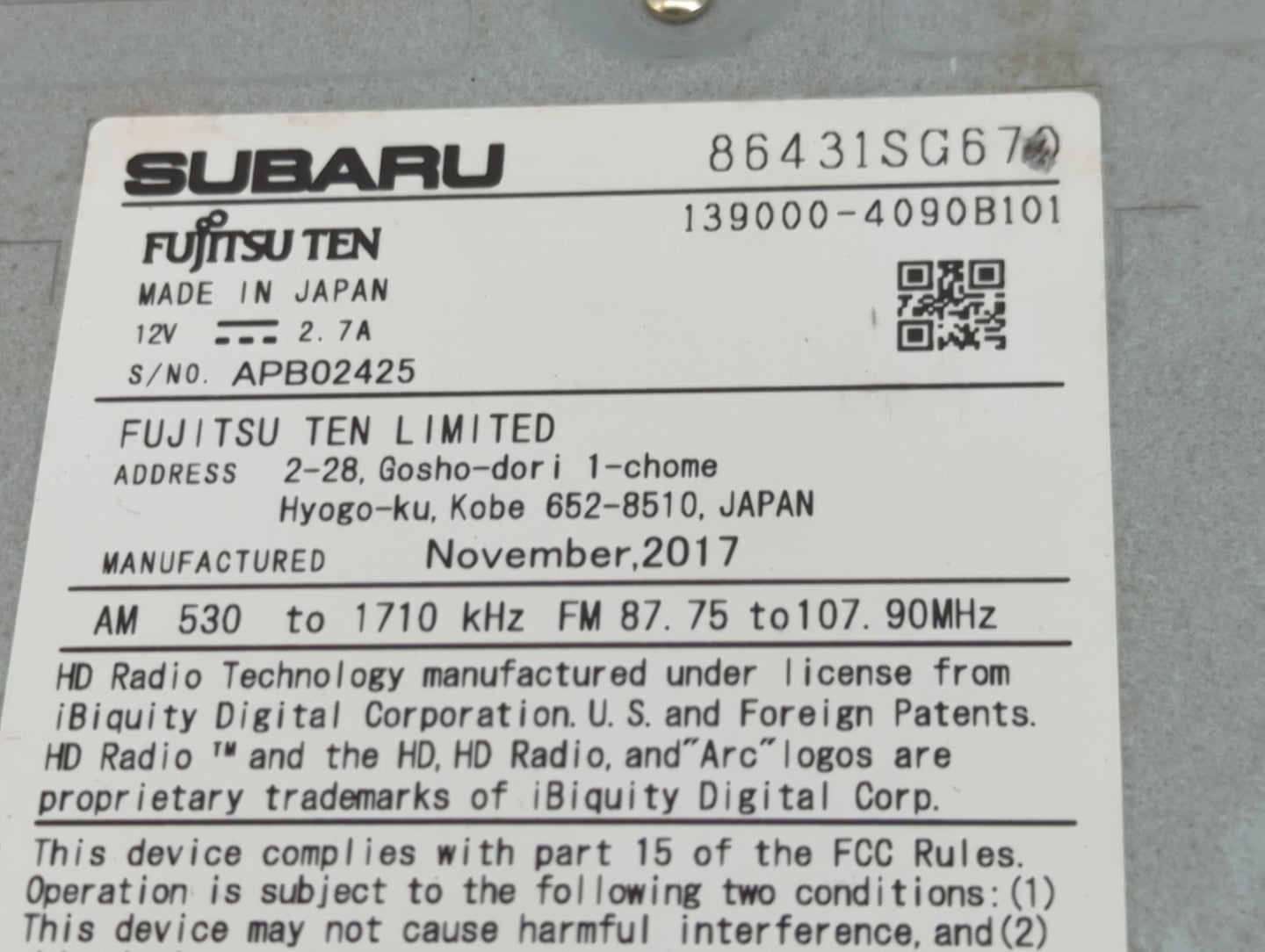 2018 Subaru Forester Radio AM FM Cd Player Receiver Replacement P/N:86431SG670 139000-4090B101 Fits OEM Used Auto Parts - Oe