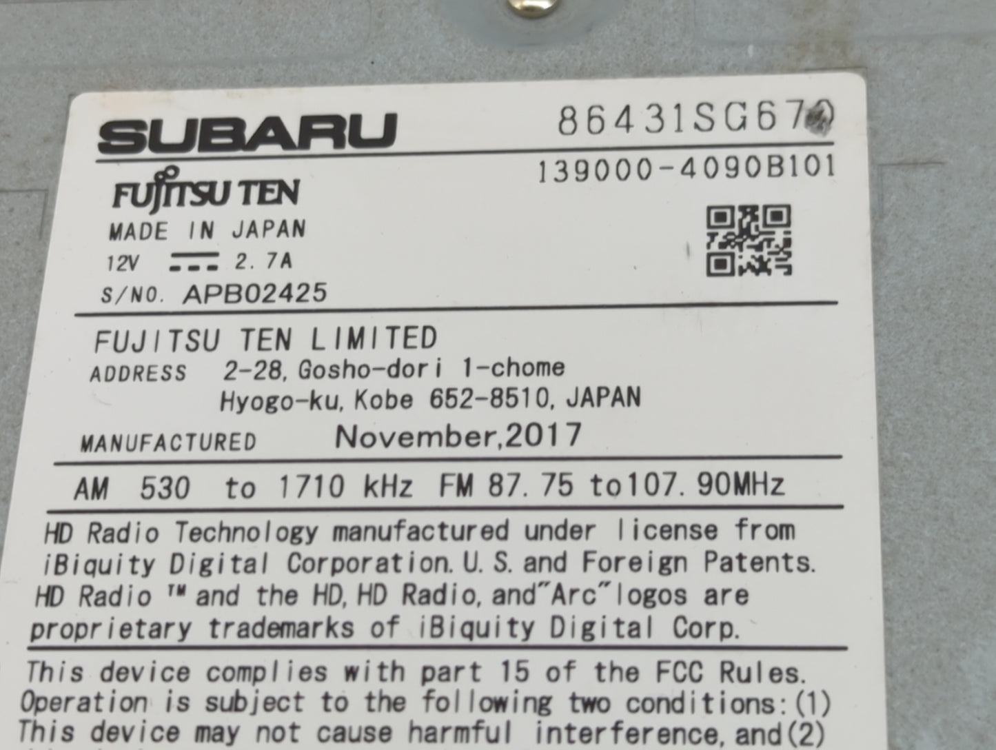 2018 Subaru Forester Radio AM FM Cd Player Receiver Replacement P/N:86431SG670 139000-4090B101 Fits OEM Used Auto Parts - Oe