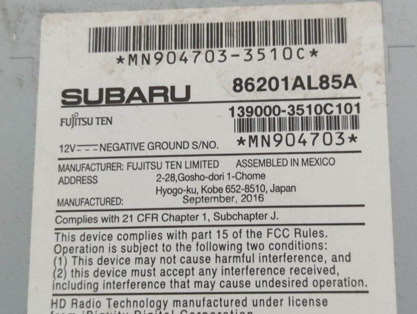 2018 Subaru Legacy Radio AM FM Cd Player Receiver Replacement P/N:86201AL85A Fits OEM Used Auto Parts - Oemusedautoparts1.co