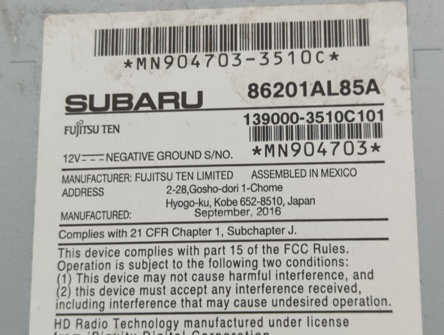 2018 Subaru Legacy Radio AM FM Cd Player Receiver Replacement P/N:86201AL85A Fits OEM Used Auto Parts - Oemusedautoparts1.co