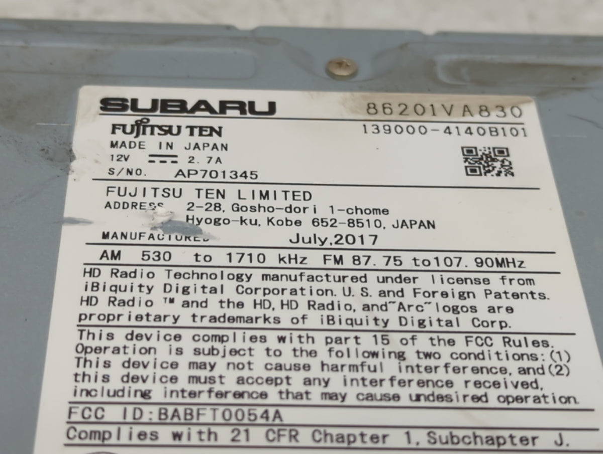 2017-2018 Subaru Wrx Radio AM FM Cd Player Receiver Replacement P/N:86201VA830 139000-4140B101, BABFT0054A Fits Fits 2017 20