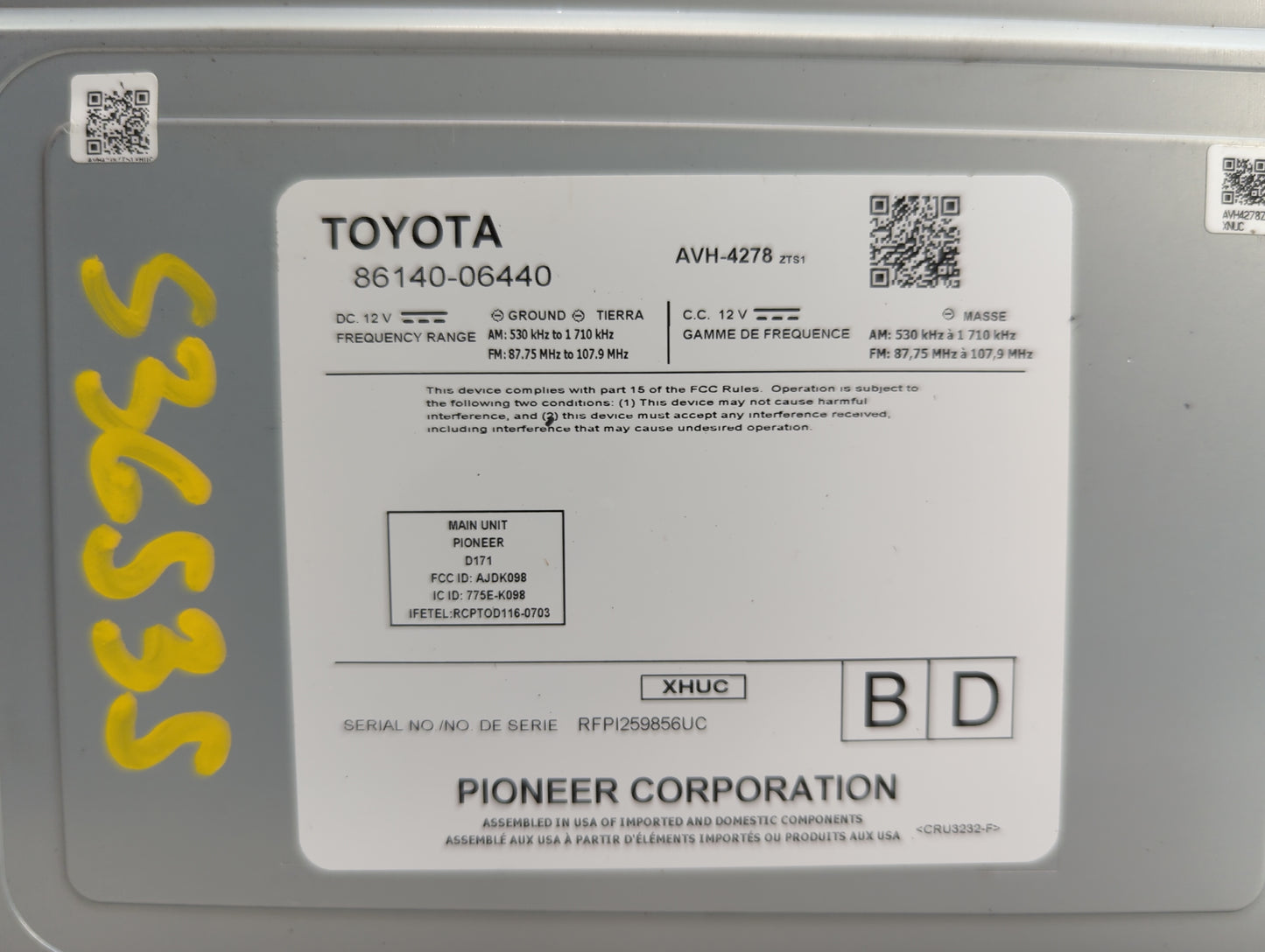 2018 Toyota Camry Radio AM FM Cd Player Receiver Replacement P/N:86140-06440 AVH-4278, AJDK098, 775E-K098 Fits OEM Used Auto
