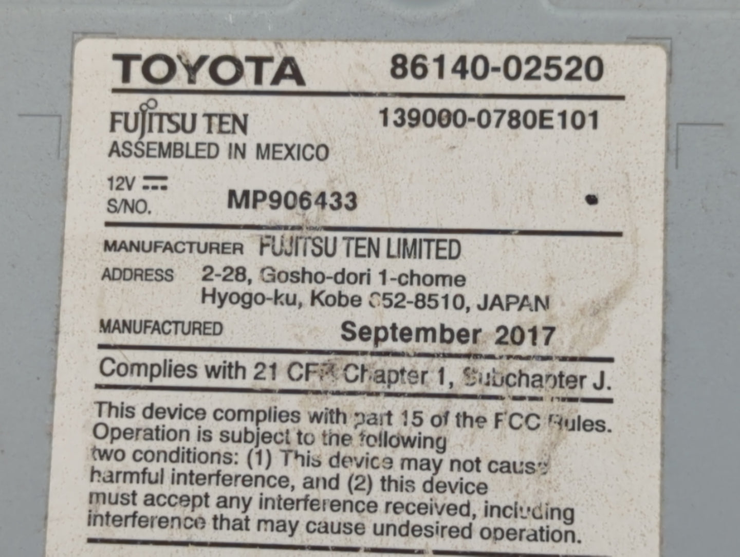2017-2018 Toyota Corolla Radio AM FM Cd Player Receiver Replacement P/N:86140-02520 Fits Fits 2017 2018 OEM Used Auto Parts 