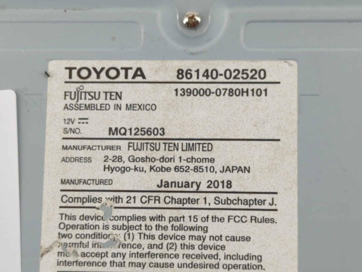 2017-2019 Toyota Corolla Radio AM FM Cd Player Receiver Replacement P/N:86140-02520 Fits Fits 2017 2018 2019 OEM Used Auto P