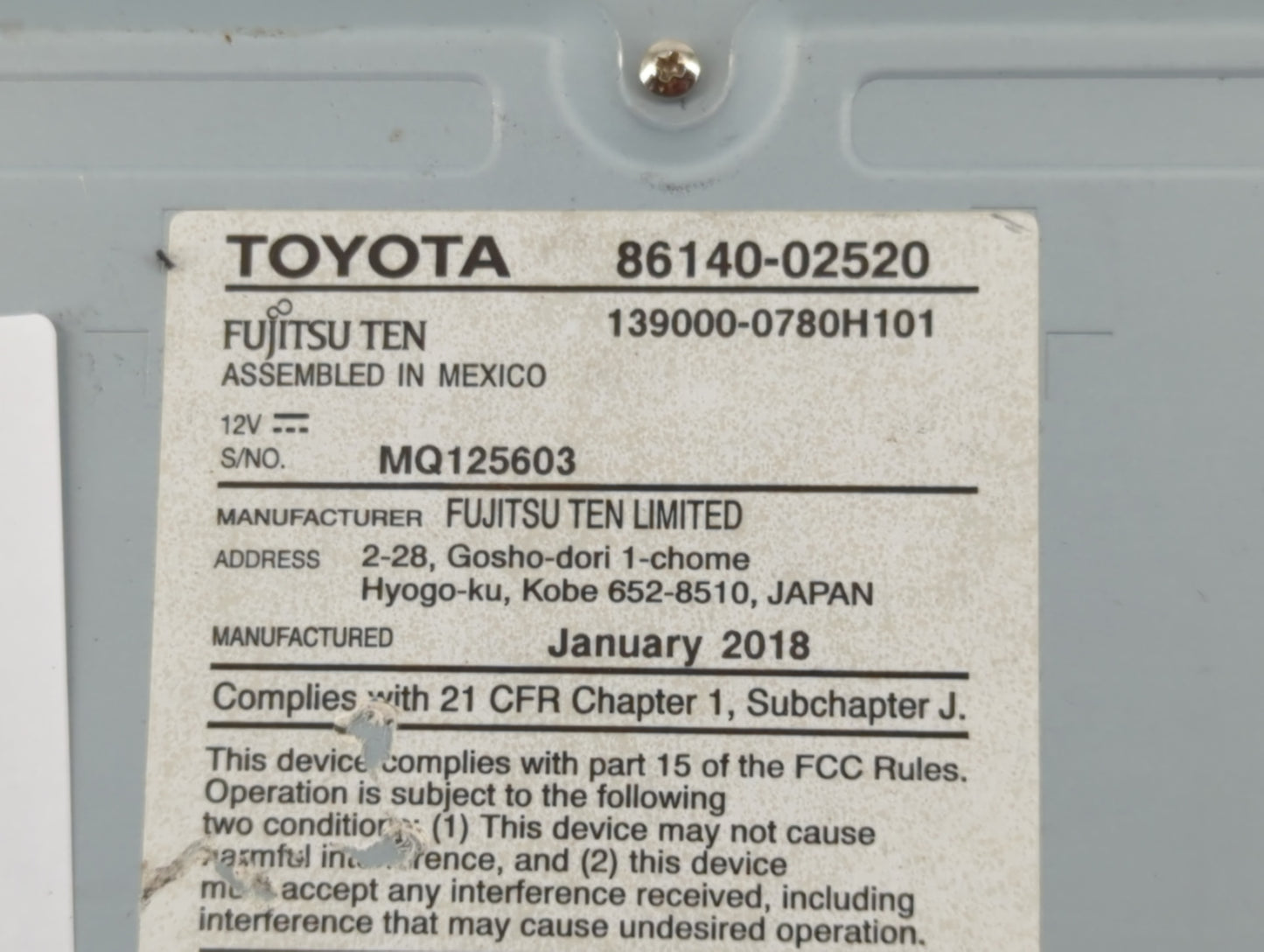 2017-2019 Toyota Corolla Radio AM FM Cd Player Receiver Replacement P/N:86140-02520 Fits Fits 2017 2018 2019 OEM Used Auto P
