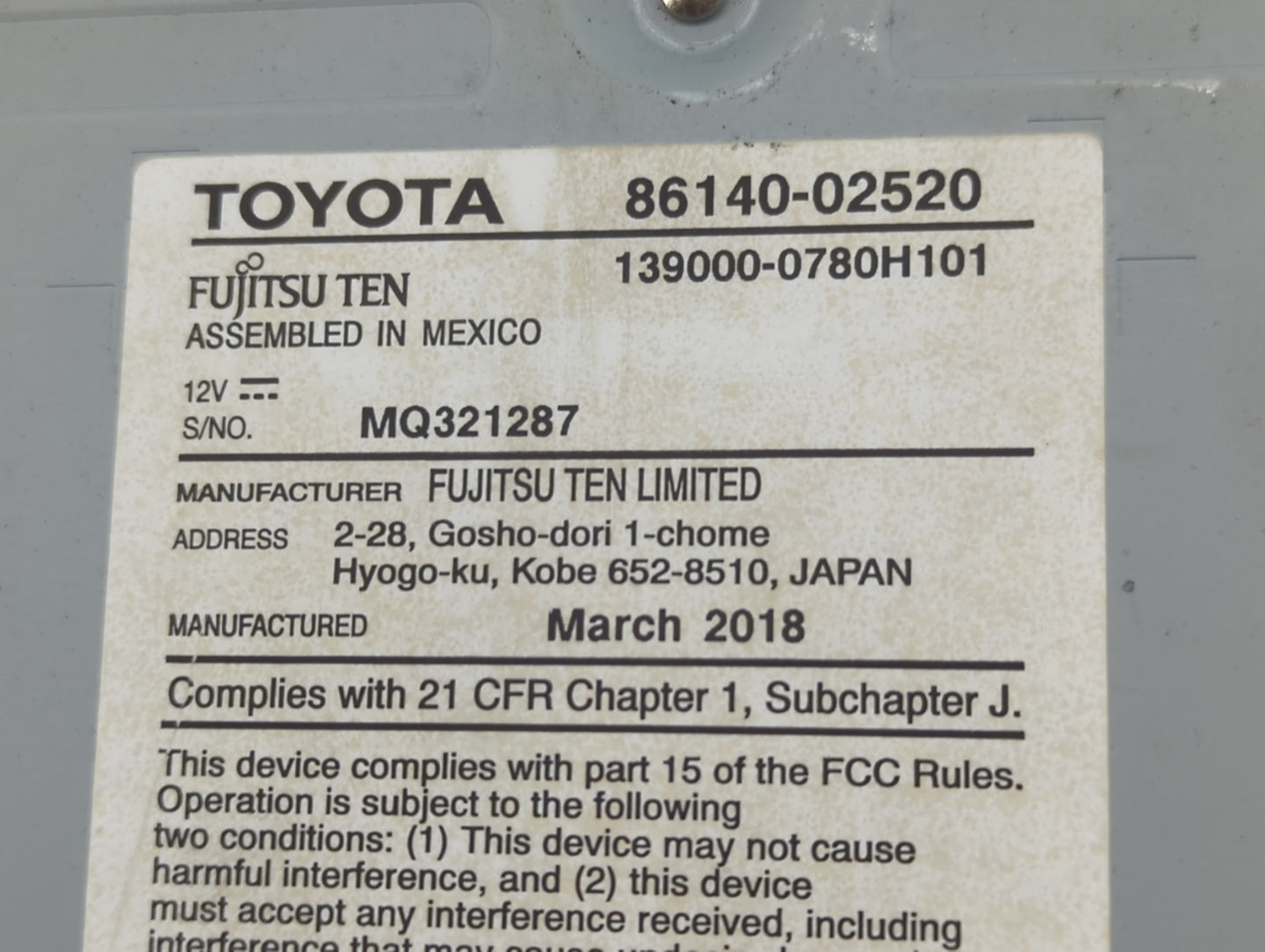 2014-2019 Toyota Corolla Radio AM FM Cd Player Receiver Replacement P/N:86140-02520 Fits OEM Used Auto Parts - Oemusedautopa