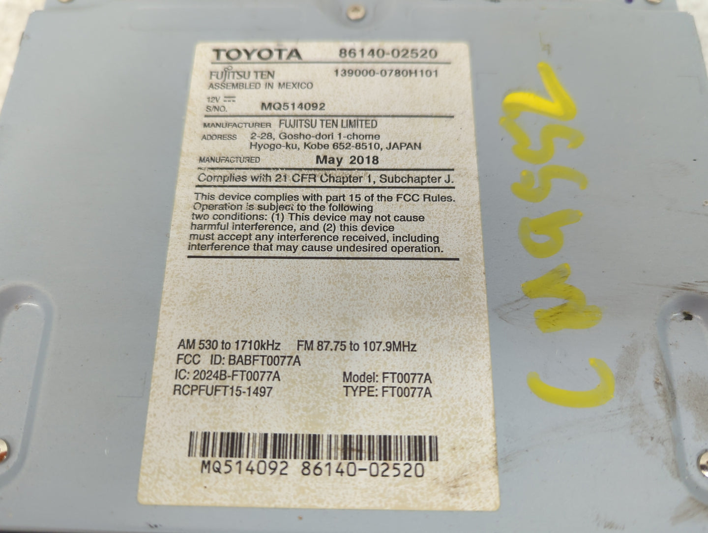 2017-2019 Toyota Corolla Radio AM FM Cd Player Receiver Replacement P/N:86140-02520 Fits Fits 2017 2018 2019 OEM Used Auto P