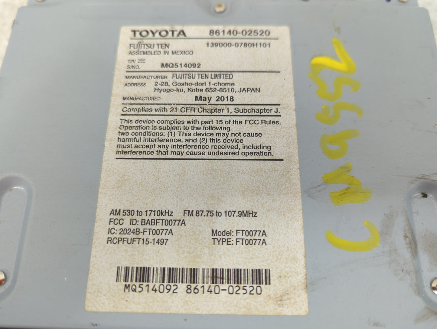 2017-2019 Toyota Corolla Radio AM FM Cd Player Receiver Replacement P/N:86140-02520 Fits Fits 2017 2018 2019 OEM Used Auto P