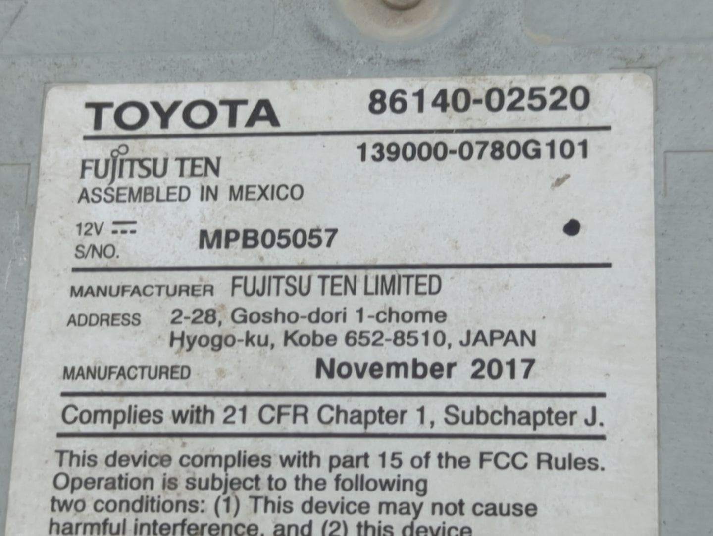 2017-2019 Toyota Corolla Radio AM FM Cd Player Receiver Replacement P/N:86140-02520 Fits Fits 2017 2018 2019 OEM Used Auto P
