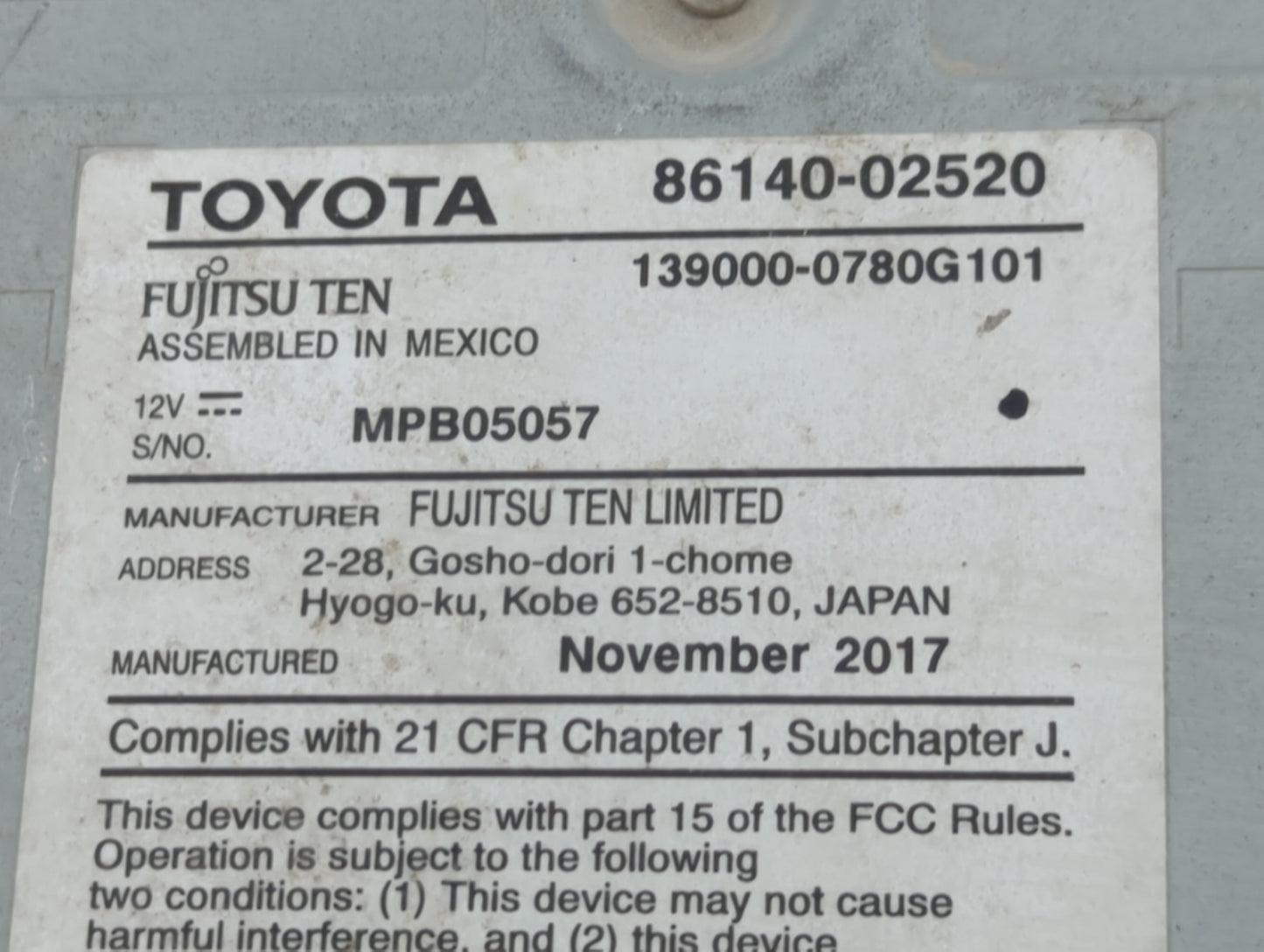 2017-2019 Toyota Corolla Radio AM FM Cd Player Receiver Replacement P/N:86140-02520 Fits Fits 2017 2018 2019 OEM Used Auto P