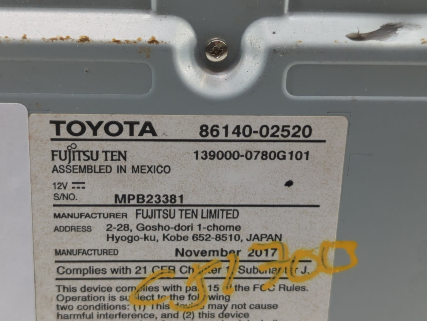 2017-2018 Toyota Corolla Am Fm Cd Player Radio Receiver - Oemusedautoparts1.com