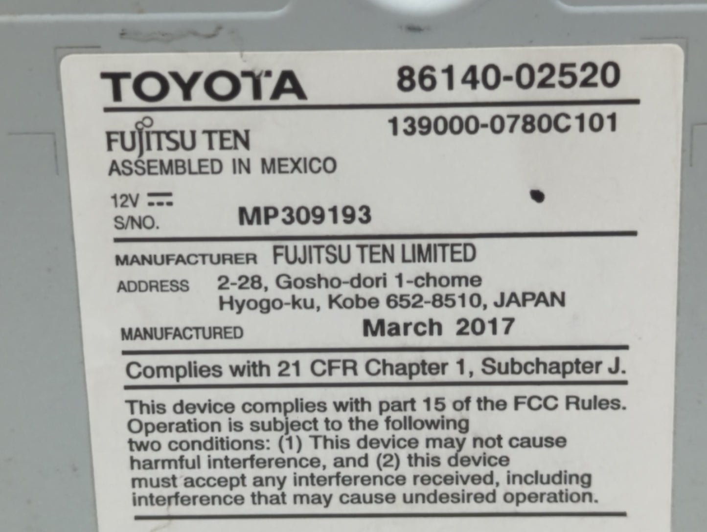 2017-2019 Toyota Corolla Am Fm Cd Player Radio Receiver - Oemusedautoparts1.com