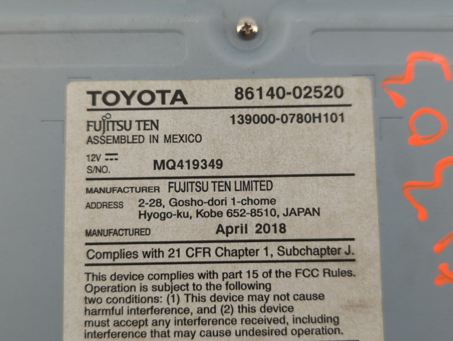 2017-2019 Toyota Corolla Am Fm Cd Player Radio Receiver - Oemusedautoparts1.com