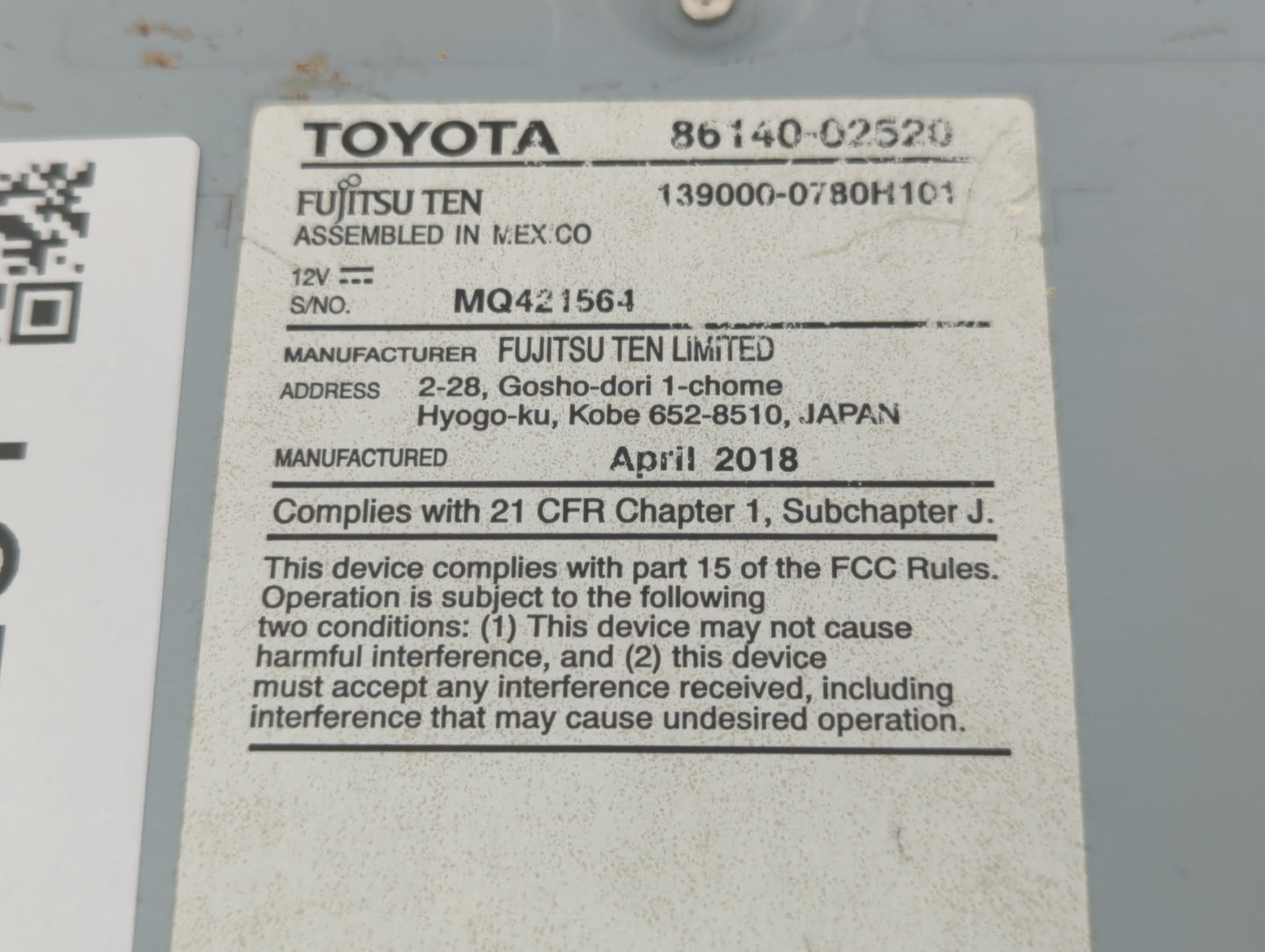 2017-2019 Toyota Corolla Radio AM FM Cd Player Receiver Replacement P/N:86140-02520 Fits Fits 2017 2018 2019 OEM Used Auto P