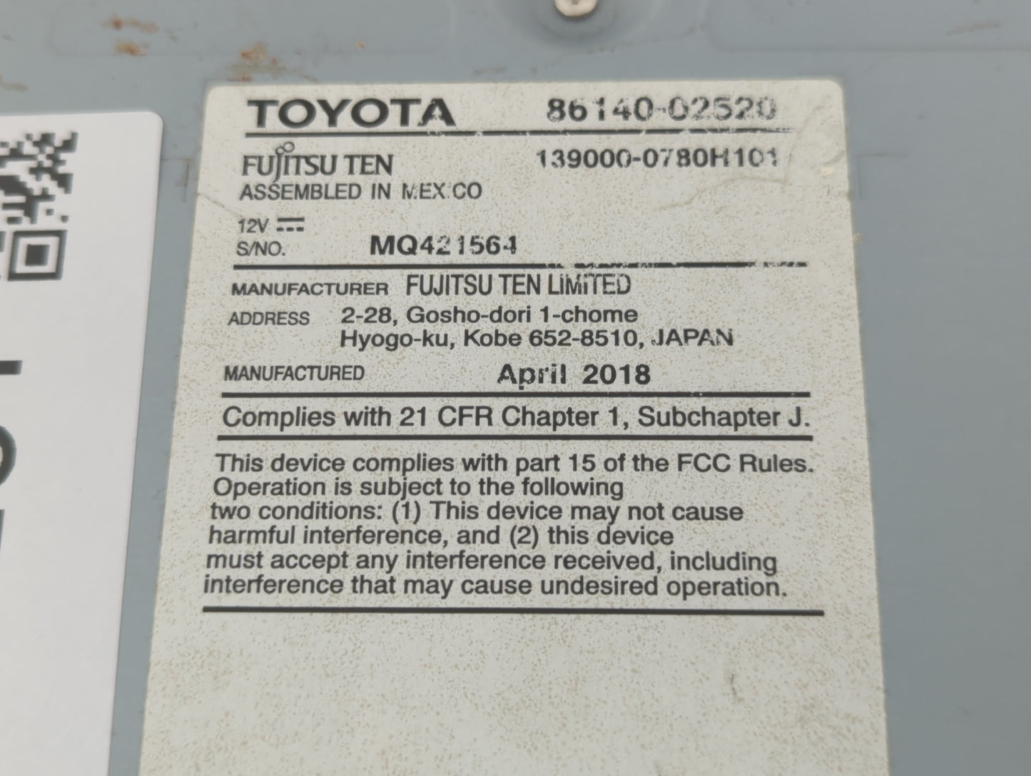 2017-2019 Toyota Corolla Radio AM FM Cd Player Receiver Replacement P/N:86140-02520 Fits Fits 2017 2018 2019 OEM Used Auto P
