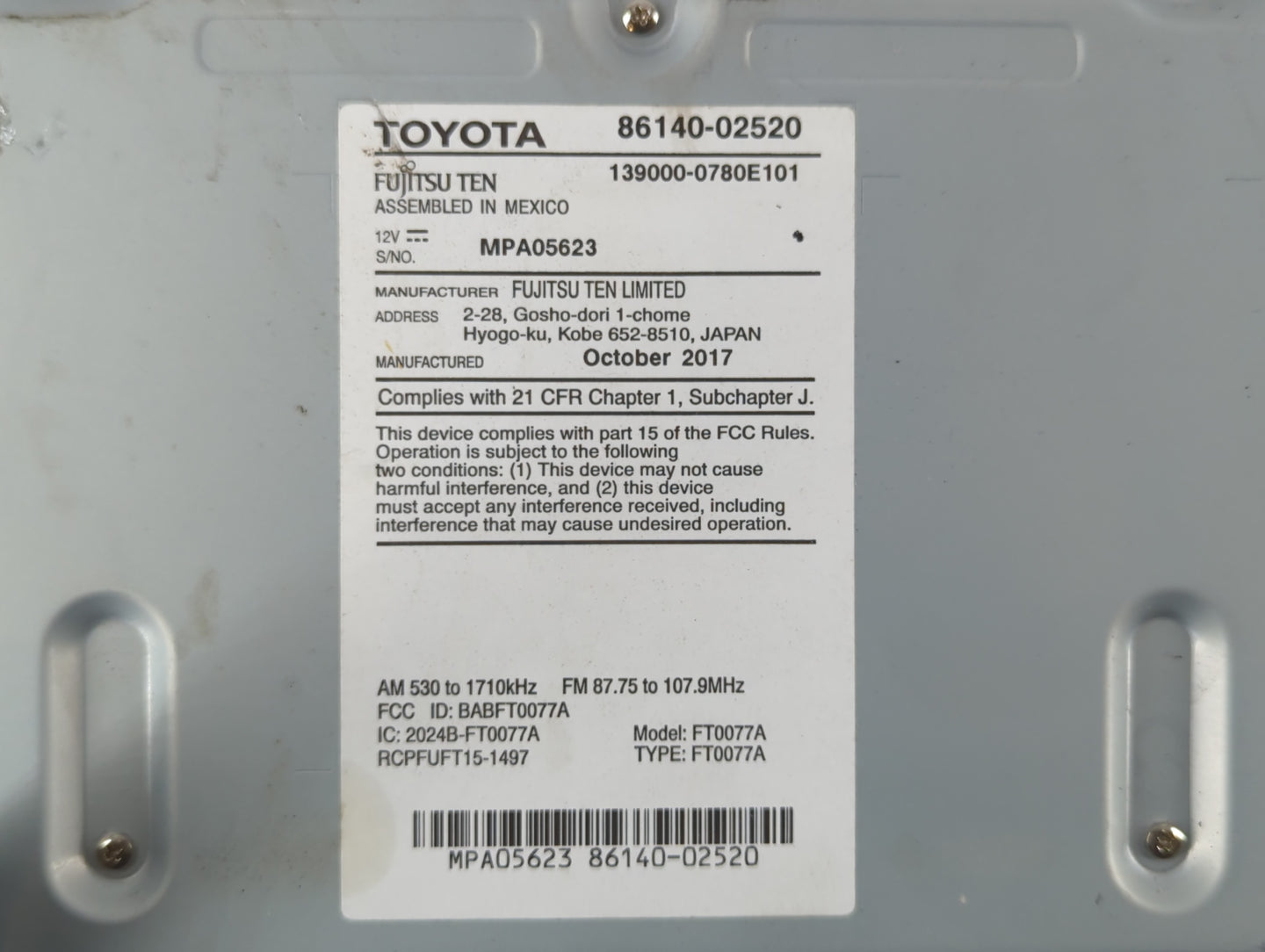 2017-2019 Toyota Corolla Am Fm Cd Player Radio Receiver - Oemusedautoparts1.com