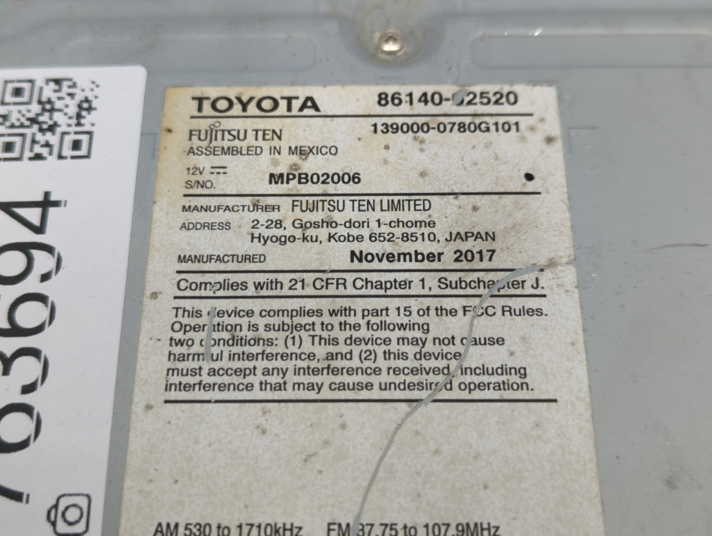 2017-2019 Toyota Corolla Am Fm Cd Player Radio Receiver - Oemusedautoparts1.com