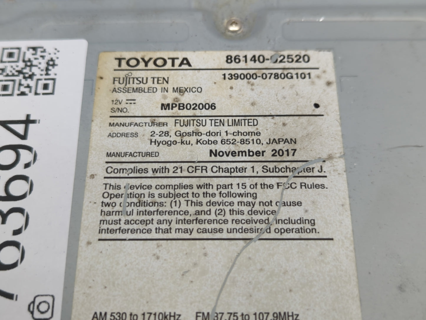 2017-2019 Toyota Corolla Am Fm Cd Player Radio Receiver - Oemusedautoparts1.com