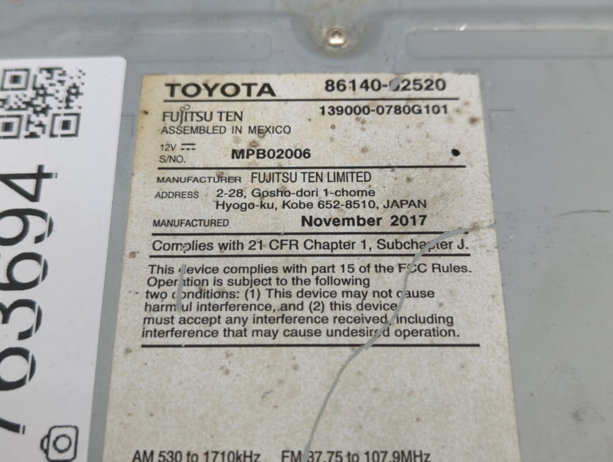 2017-2019 Toyota Corolla Am Fm Cd Player Radio Receiver 763694 - Oemusedautoparts1.com