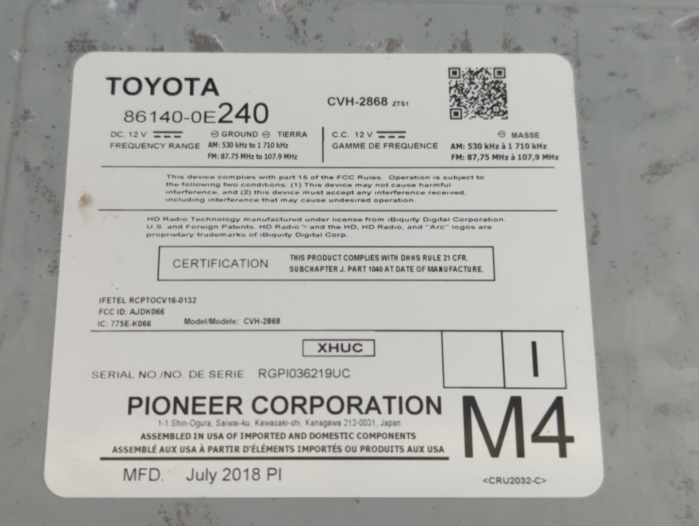 2017-2019 Toyota Highlander Radio AM FM Cd Player Receiver Replacement P/N:86140-0E240 Fits Fits 2017 2018 2019 OEM Used Aut