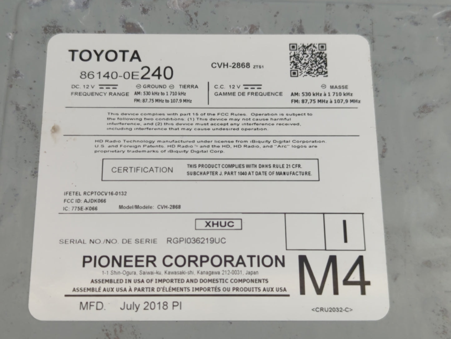2017-2019 Toyota Highlander Radio AM FM Cd Player Receiver Replacement P/N:86140-0E240 Fits Fits 2017 2018 2019 OEM Used Aut