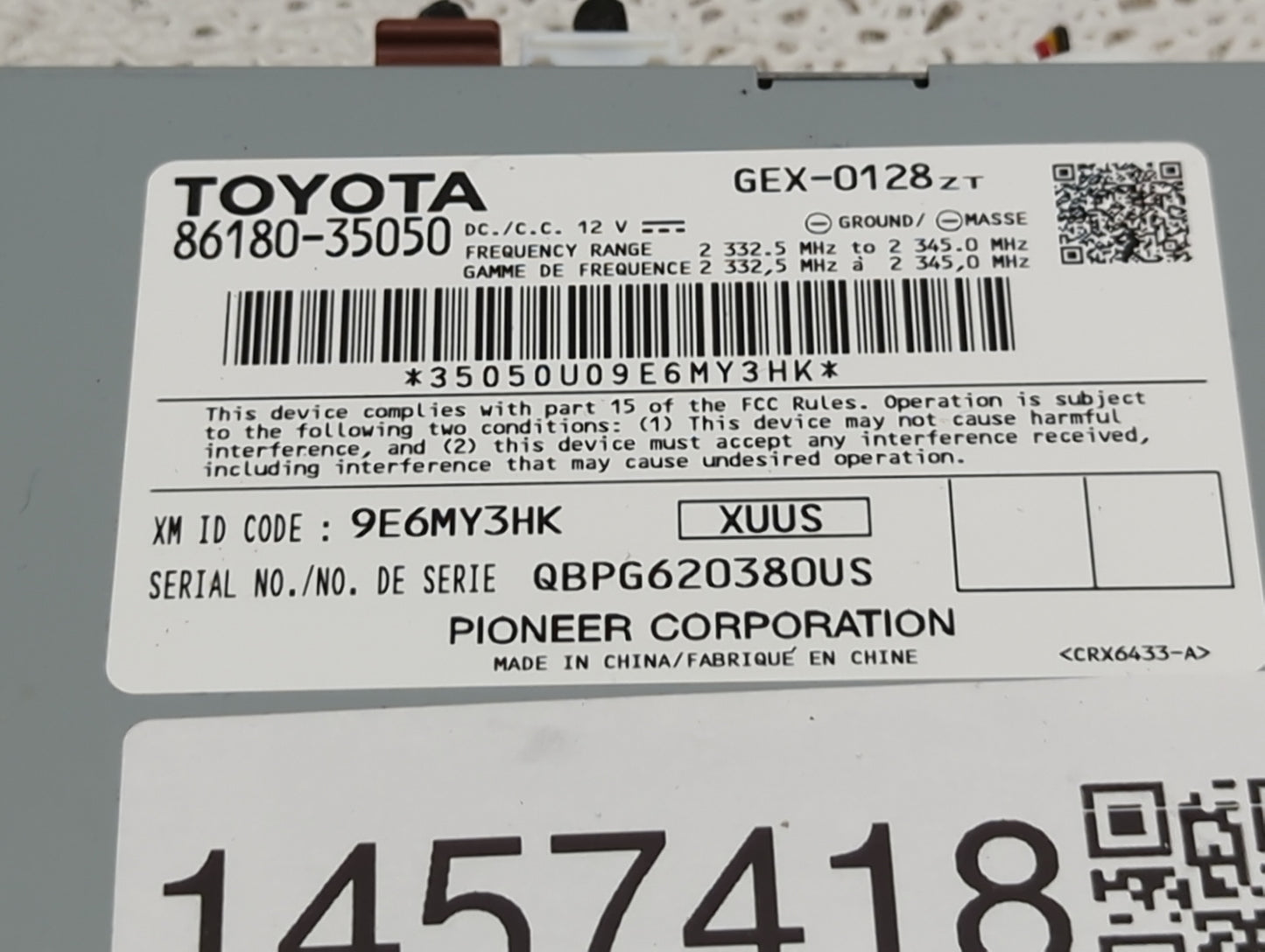 2016-2018 Toyota Mirai Radio AM FM Cd Player Receiver Replacement P/N:86180-35050 GEX-0128 Fits OEM Used Auto Parts - Oemuse