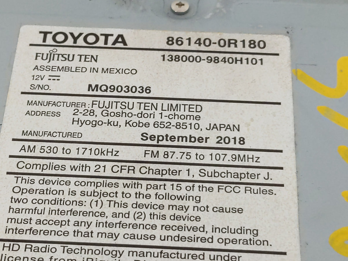 2016-2018 Toyota Rav4 Radio AM FM Cd Player Receiver Replacement P/N:86140-0R180 Fits 2016 2017 2018 OEM Used Auto Parts - O