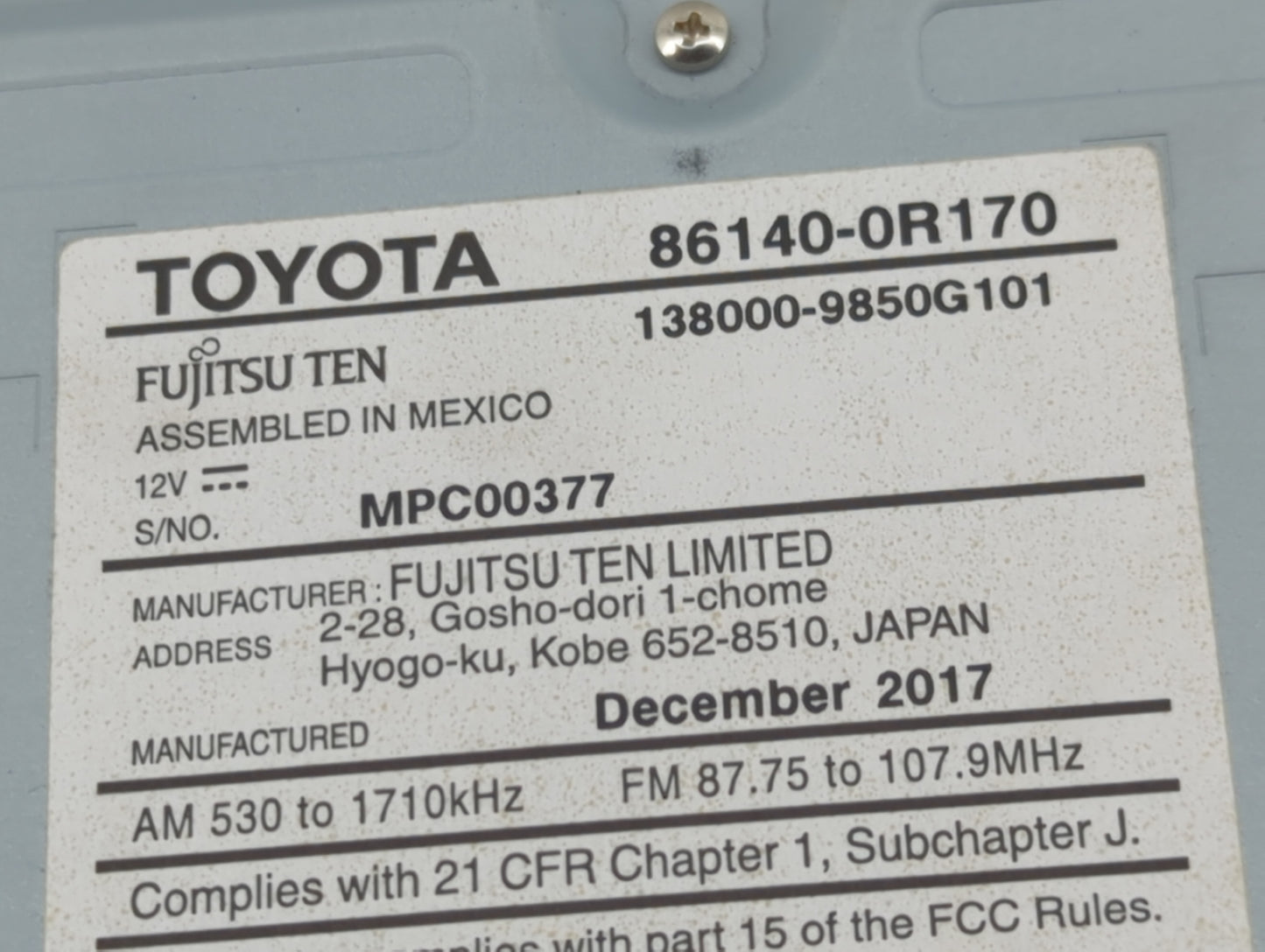 2016-2018 Toyota Rav4 Radio AM FM Cd Player Receiver Replacement P/N:86140-0R170 Fits Fits 2016 2017 2018 OEM Used Auto Part