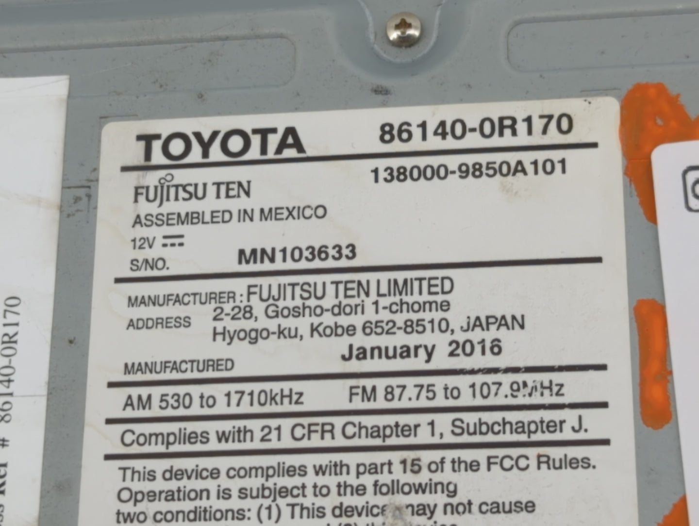 2016-2018 Toyota Rav4 Radio AM FM Cd Player Receiver Replacement P/N:86140-0R170 138000-9850A101 Fits Fits 2016 2017 2018 OE