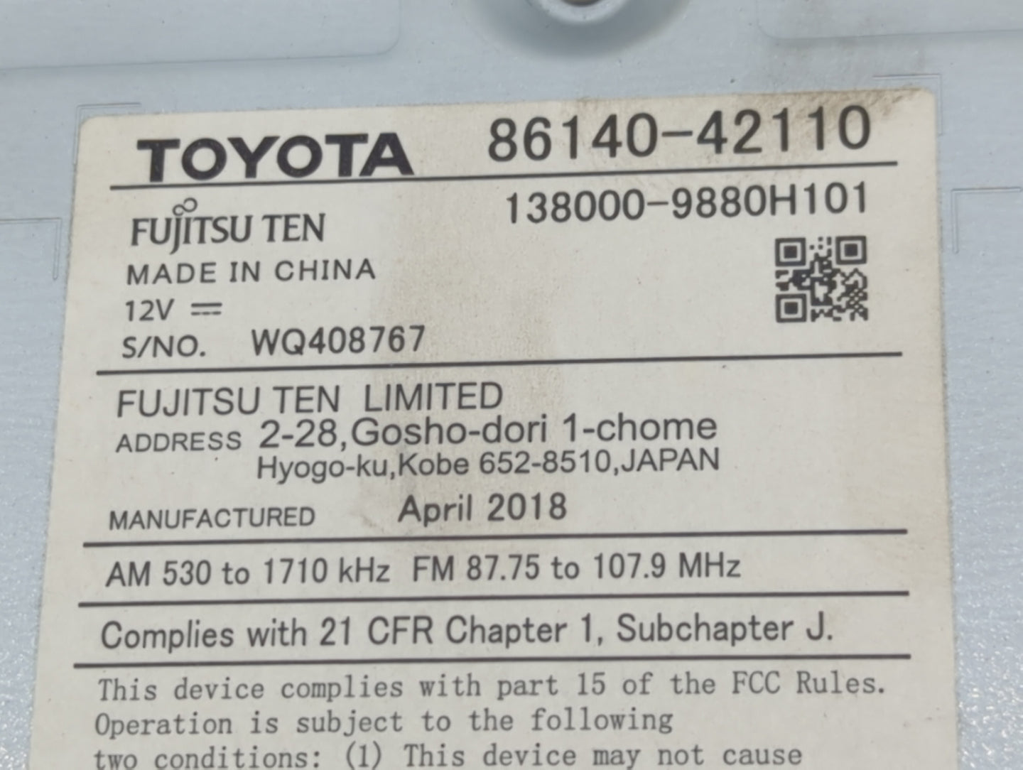 2016-2018 Toyota Rav4 Radio AM FM Cd Player Receiver Replacement P/N:86140-42110 138000-9880H101 Fits Fits 2016 2017 2018 OE