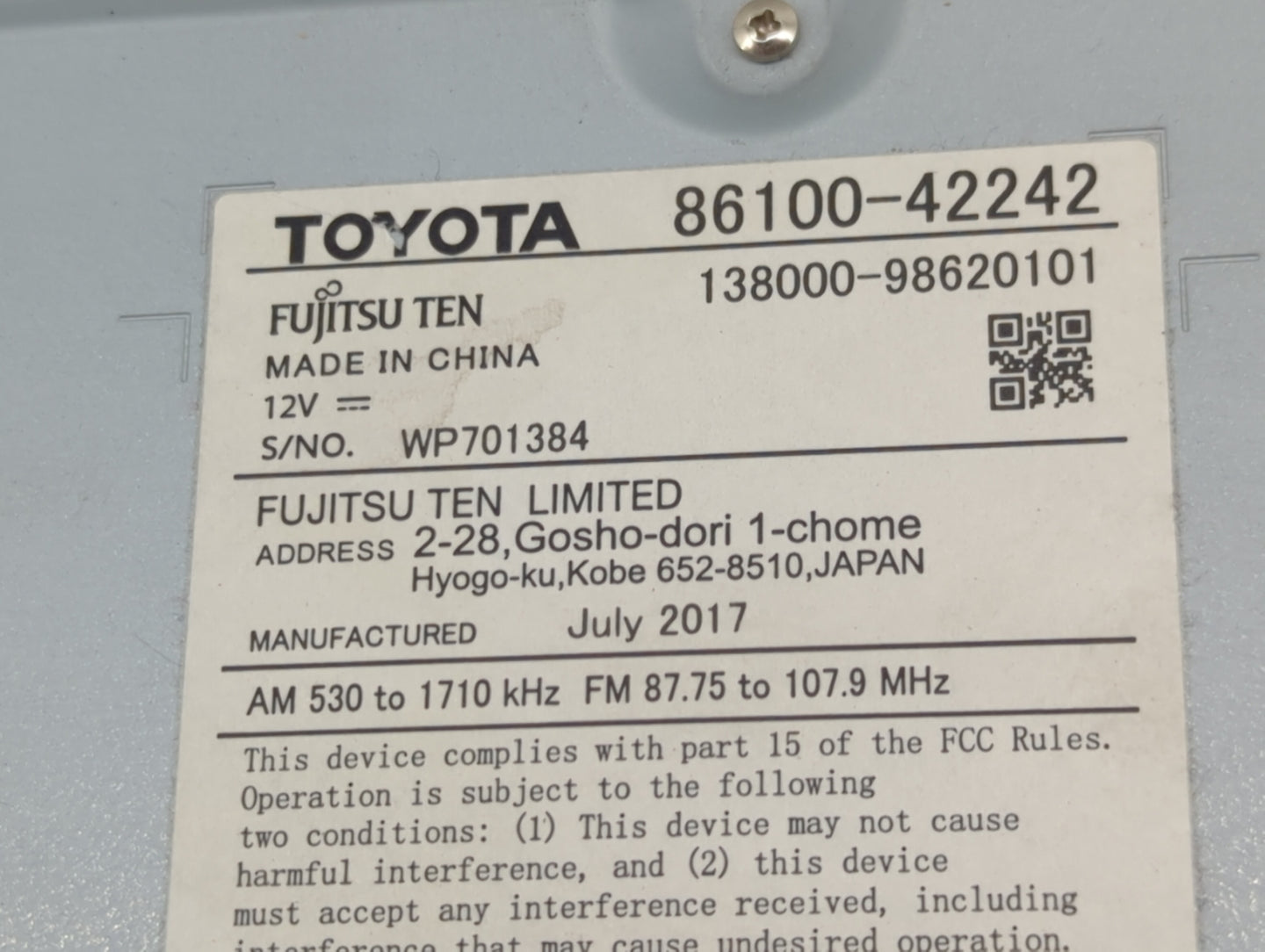 2016-2018 Toyota Rav4 Radio AM FM Cd Player Receiver Replacement P/N:86100-42242 138000-98620101 Fits Fits 2016 2017 2018 OE