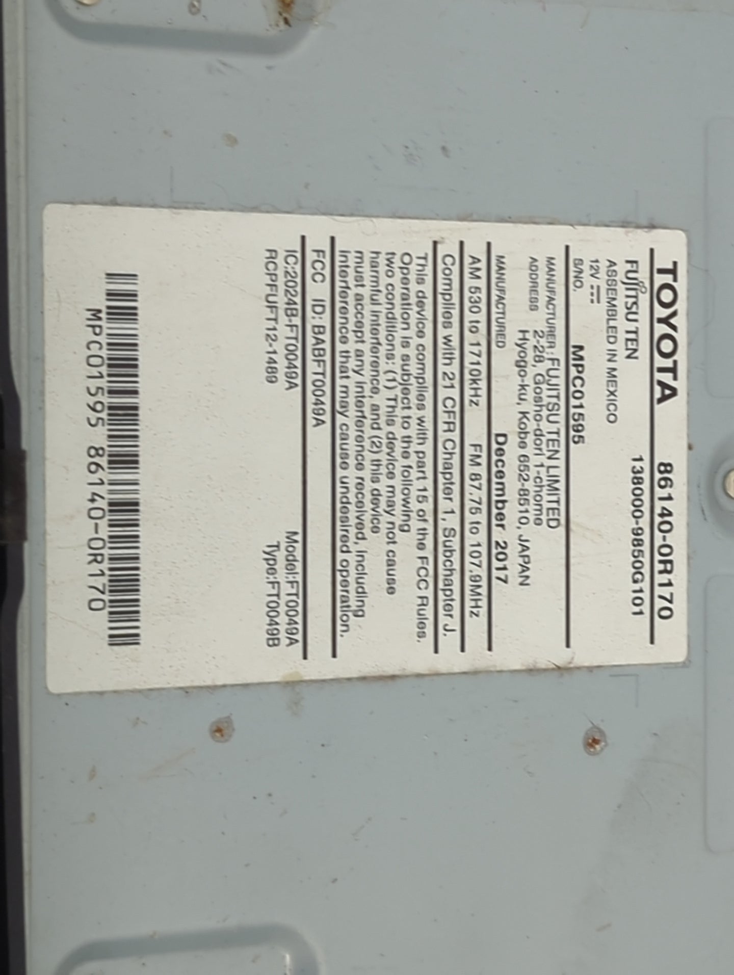 2016-2018 Toyota Rav4 Radio AM FM Cd Player Receiver Replacement P/N:86140-0R170 138000-9850G101 Fits Fits 2016 2017 2018 OE