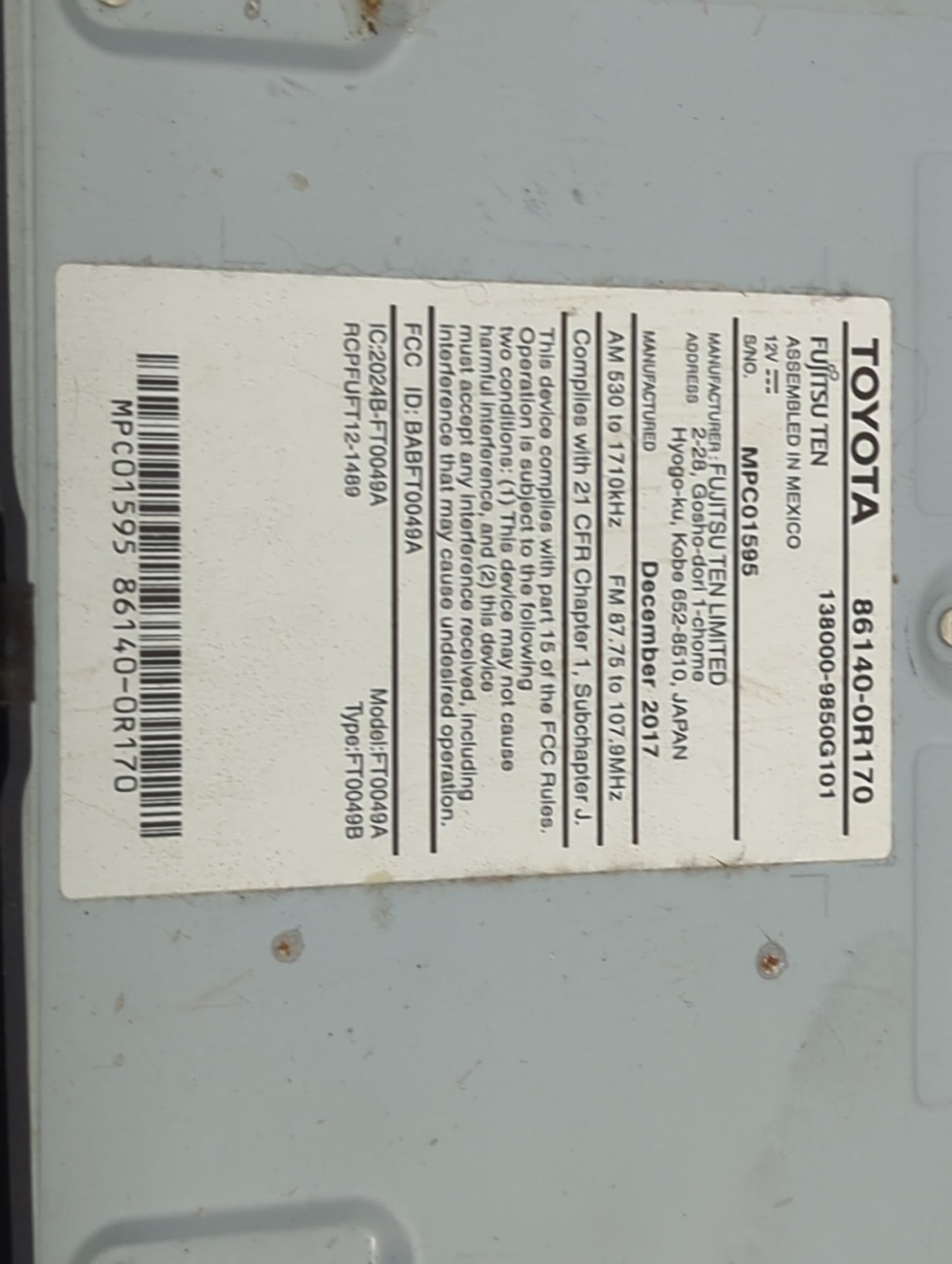 2016-2018 Toyota Rav4 Radio AM FM Cd Player Receiver Replacement P/N:86140-0R170 138000-9850G101 Fits Fits 2016 2017 2018 OE
