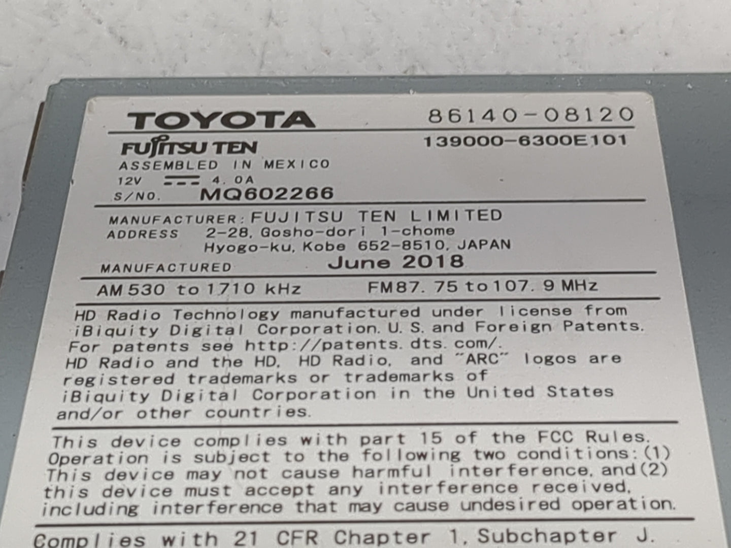 2018 Toyota Sienna Radio AM FM Cd Player Receiver Replacement P/N:86140-08120 139000-6300E101, MQ602266 Fits OEM Used Auto P