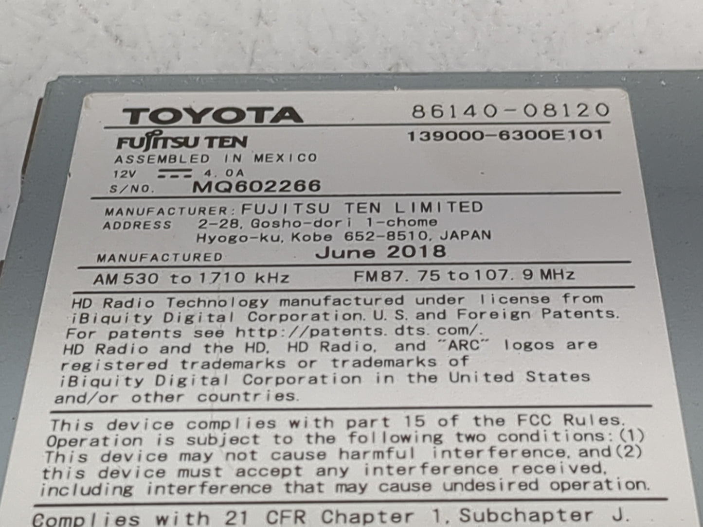 2018 Toyota Sienna Radio AM FM Cd Player Receiver Replacement P/N:86140-08120 139000-6300E101, MQ602266 Fits OEM Used Auto P