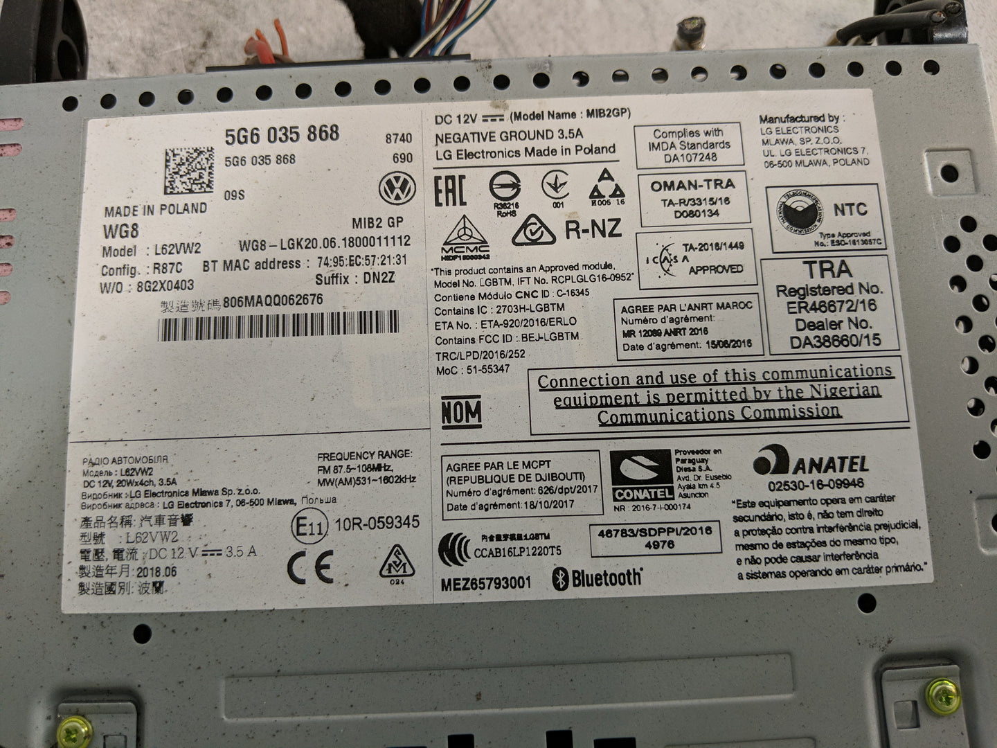 2018 Volkswagen Atlas Radio AM FM Cd Player Receiver Replacement P/N:5G6 035 868 5G6 919 605 C Fits Fits 2019 2020 OEM Used 