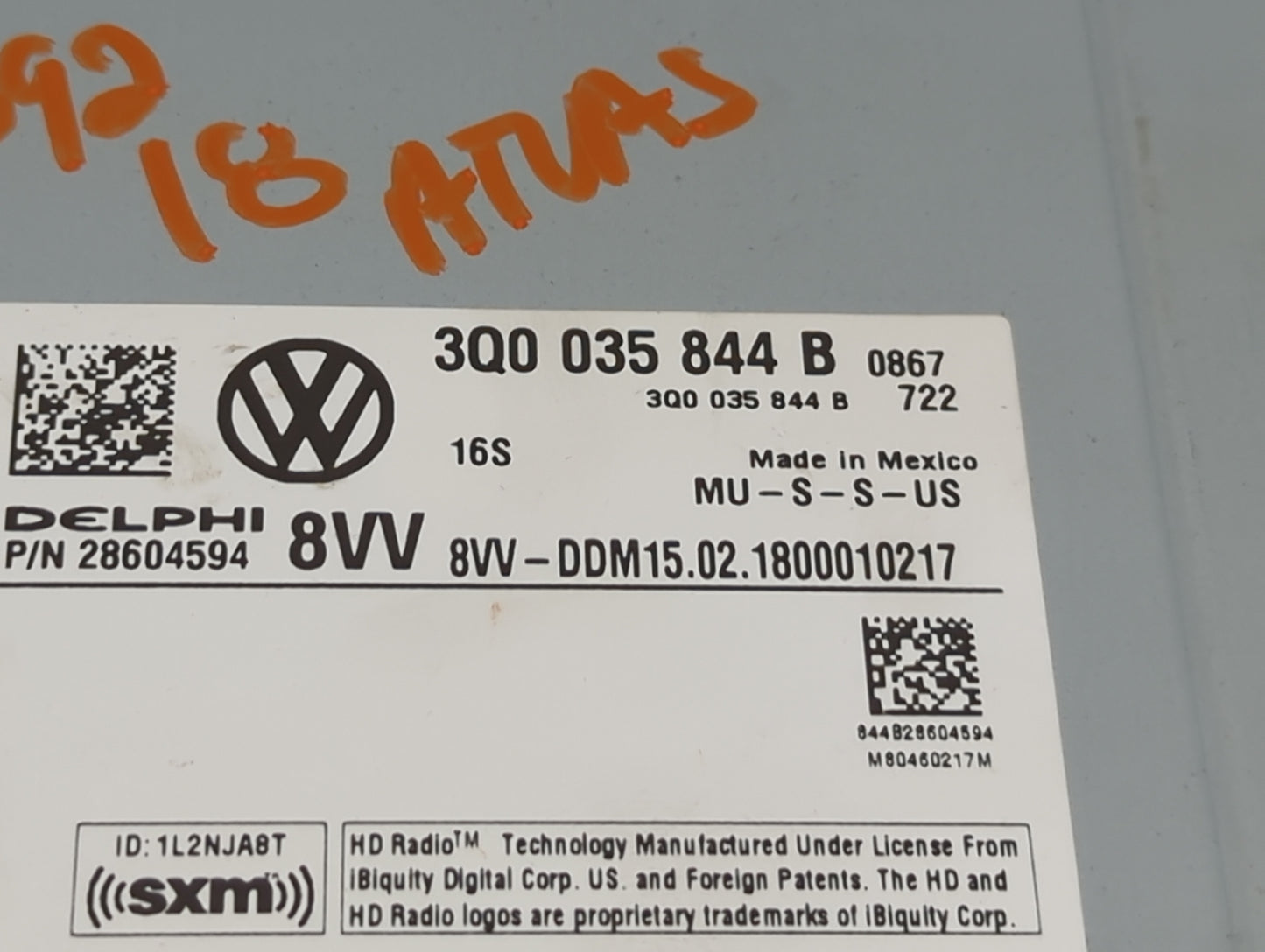 2018 Volkswagen Atlas Radio AM FM Cd Player Receiver Replacement P/N:3Q0035844B 28604594 Fits Fits 2019 2020 OEM Used Auto P