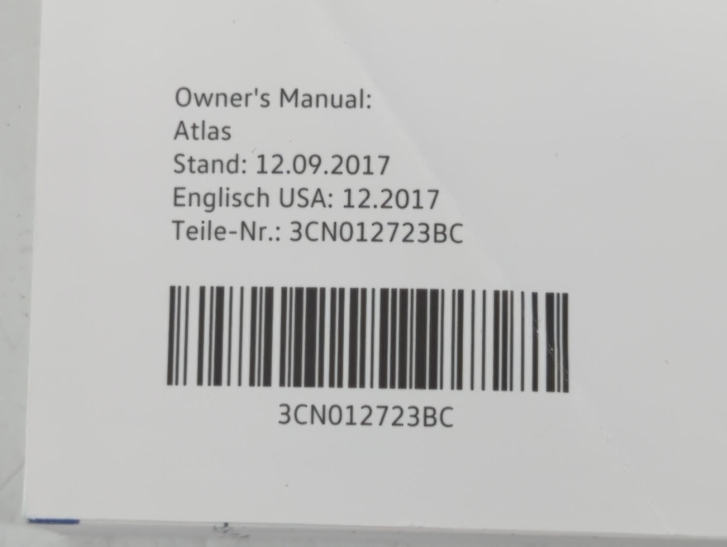2018 Volkswagen Atlas Owners Manual Book Guide P/N:3CN102723BC OEM Used Auto Parts - Oemusedautoparts1.com