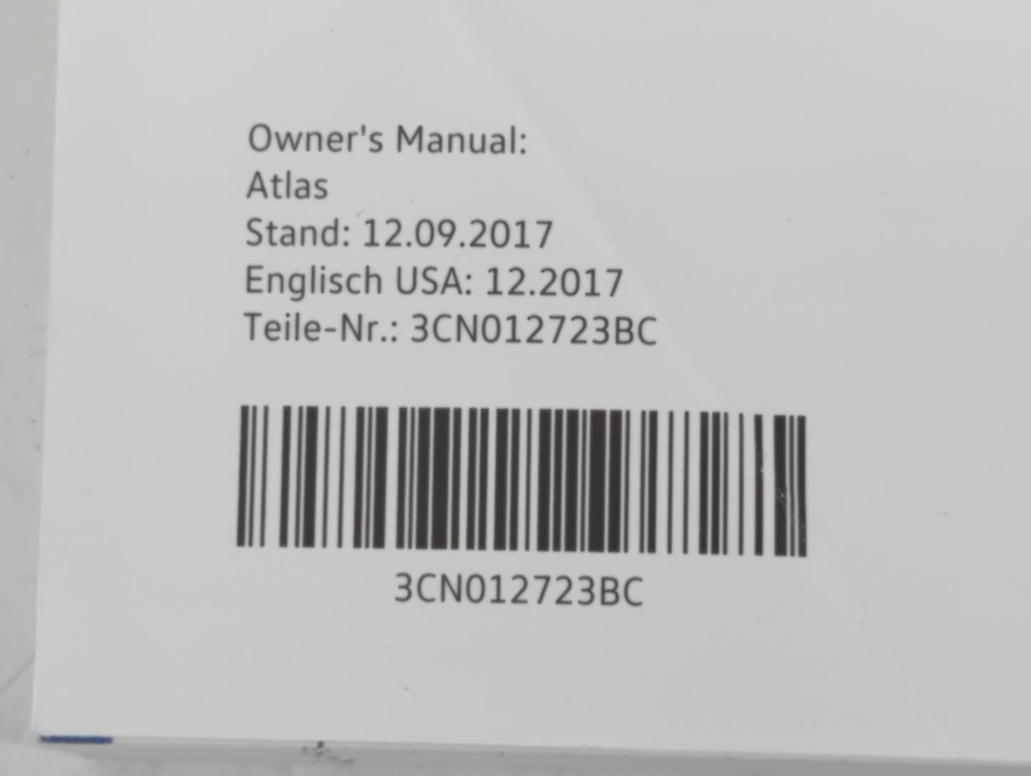2018 Volkswagen Atlas Owners Manual Book Guide P/N:3CN102723BC OEM Used Auto Parts - Oemusedautoparts1.com