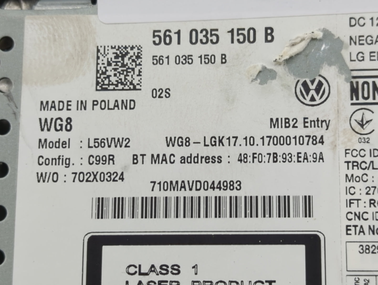 2018 Volkswagen Jetta Radio AM FM Cd Player Receiver Replacement P/N:561 035 150 B Fits Fits 2019 OEM Used Auto Parts - Oemu